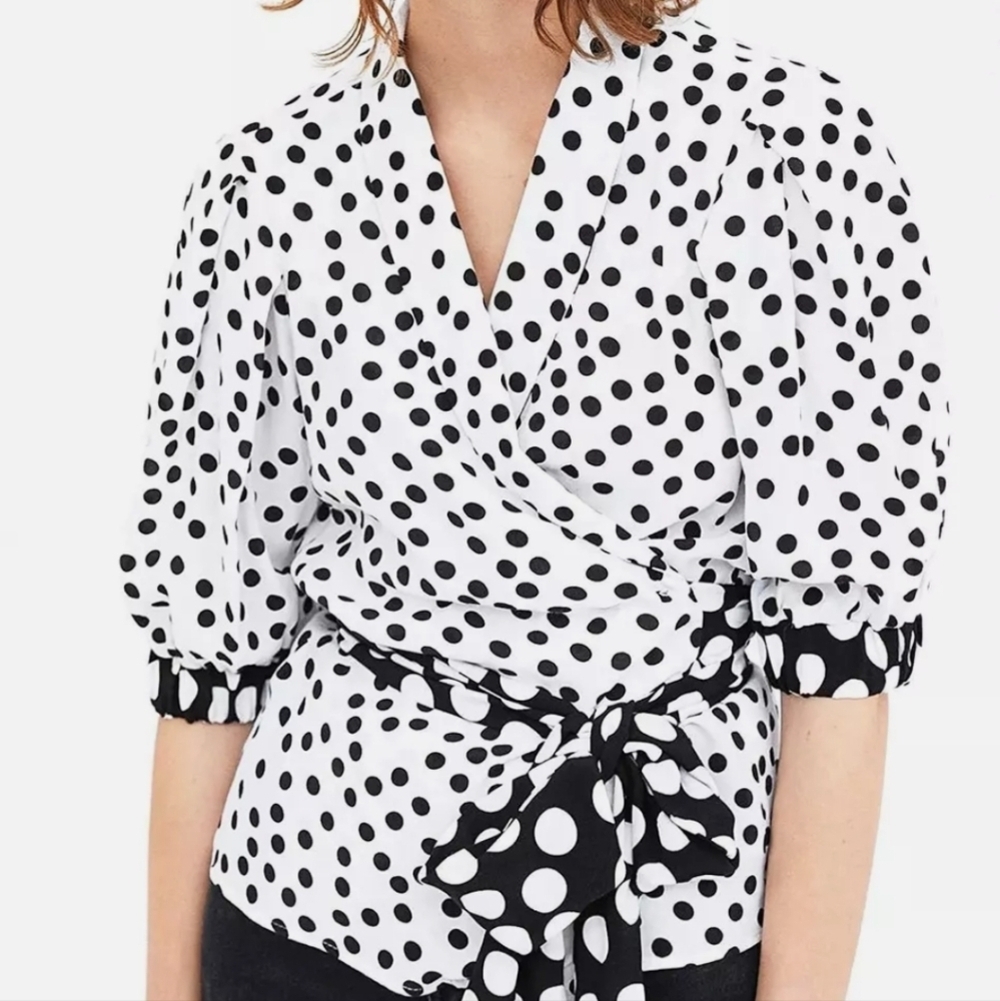 Zara TRF Viral Polka Dot Wrap Blouse with 3/4 Puff Sleeves - Picture 4 of 16